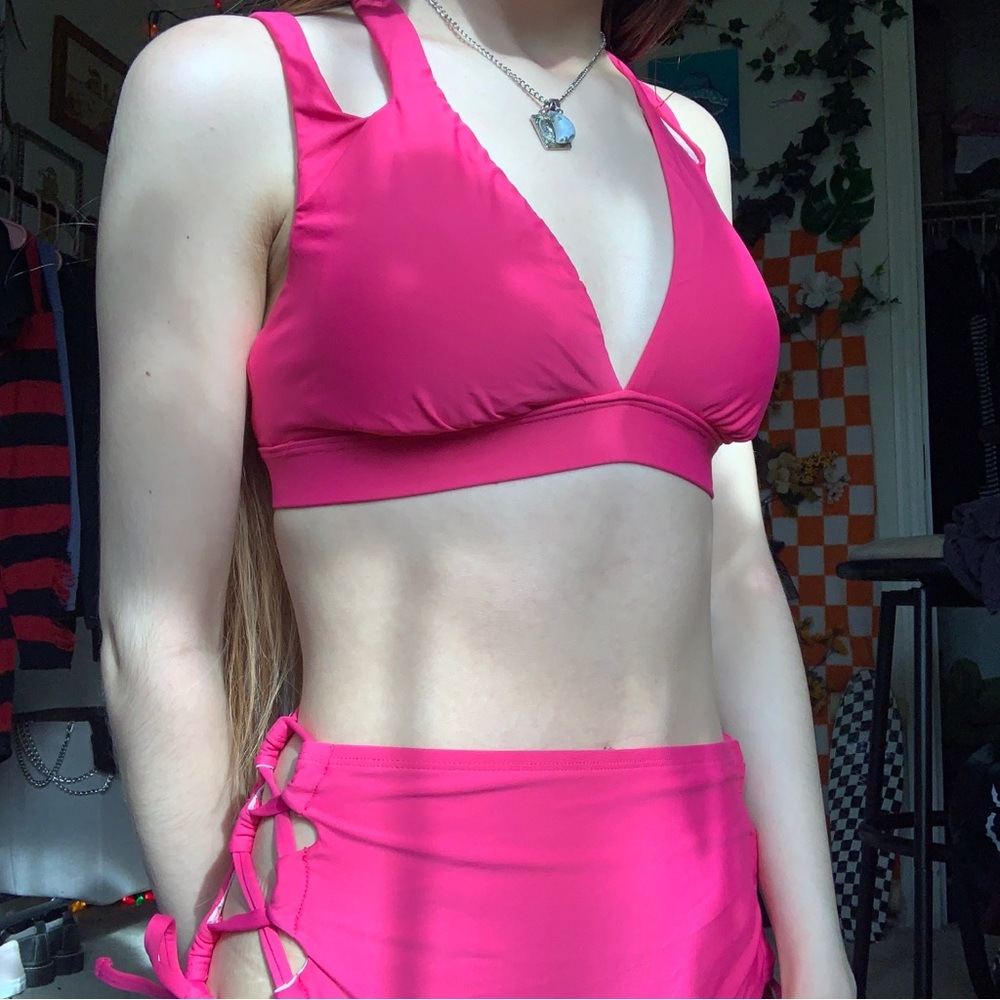 High waisted hot pink bikini top and bottom